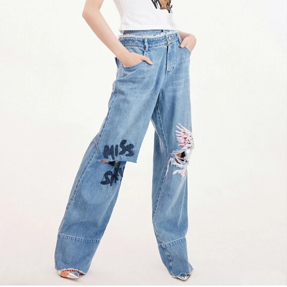 Broken Holes Ripped Embroidery Jeans
