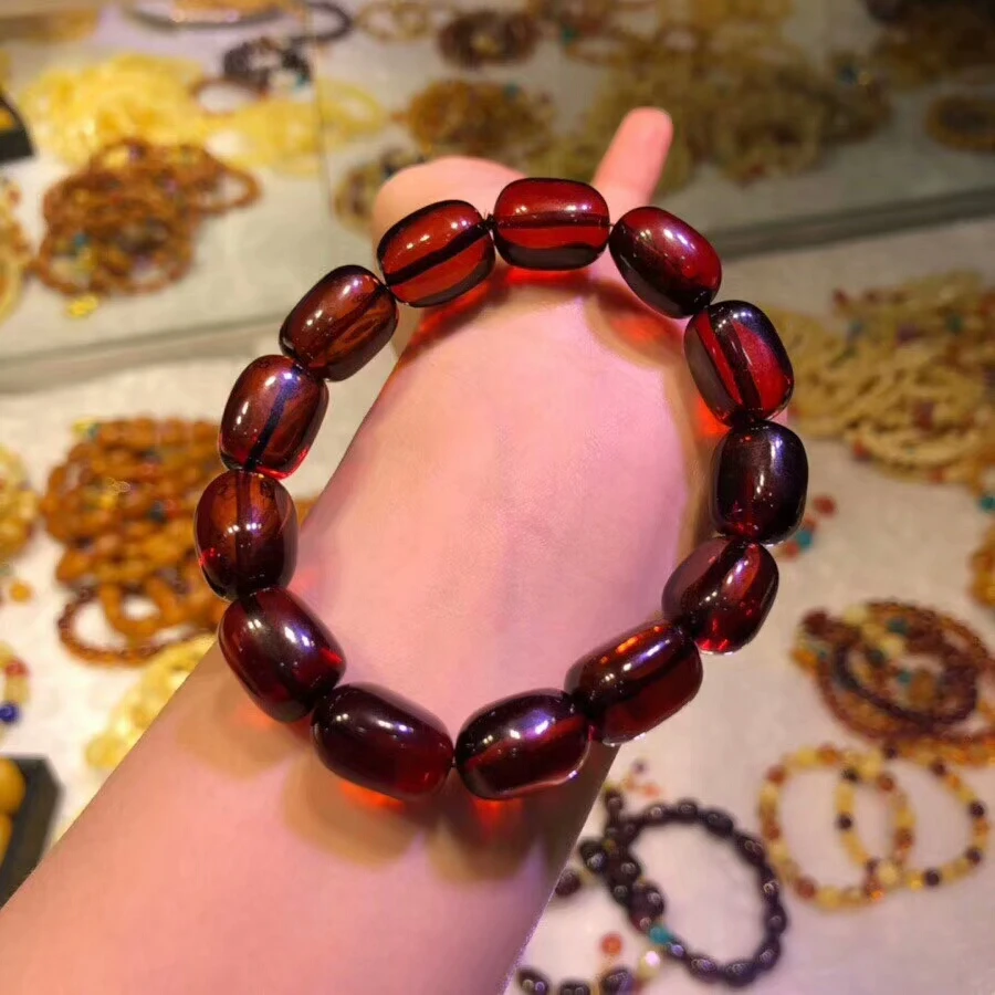 Genuine Natural Blood Red Amber Gemstone Crystal Barrel Beads Fine Jewelry Women Lady Stretch Bracelet 17x12mm AAAAA (2)