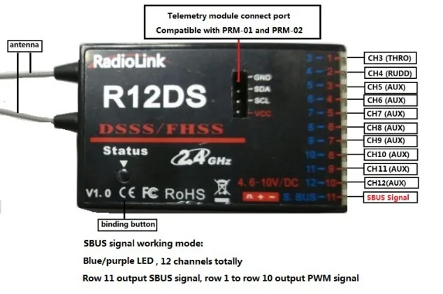 RadioLink R12DS 12CH 12 канальный приемник 2,4 Ghz для AT10 передатчик самолета воздушное устройство для фотографирования