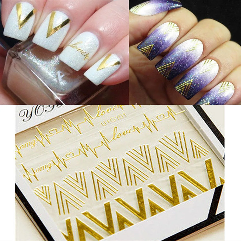 1 Sheet 3D Nail Art Stickers Gold V Shape Heartbeat Nail Wrap Decals