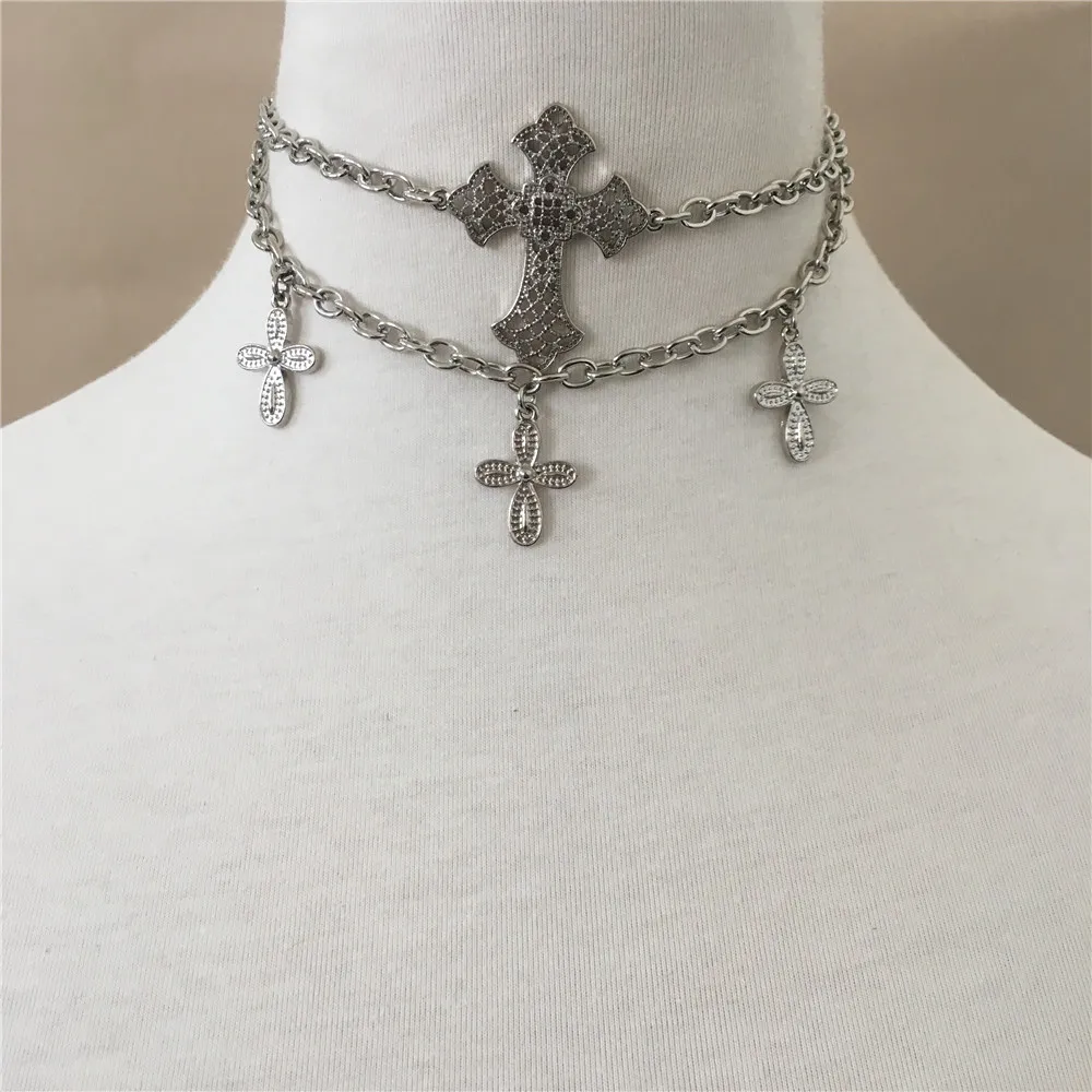 

TRENDY WOMEN NECKLACE RHODIUM COLOR PLATING CROSS CHOKER NECKLACE FOR WOMEN GIRL