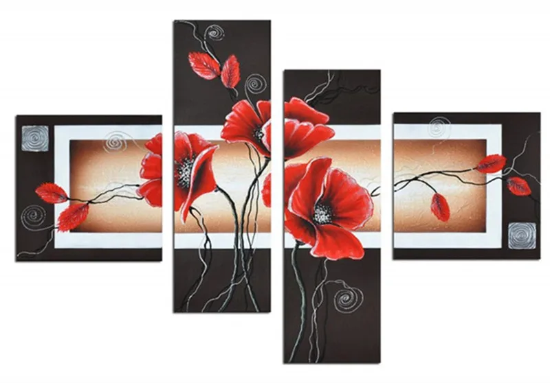

Abstract Floral Paintings Home Decor Wall Art Handpainted Red Flower Oil Painting Large 4 Panel Canvas Pictures For Living Room