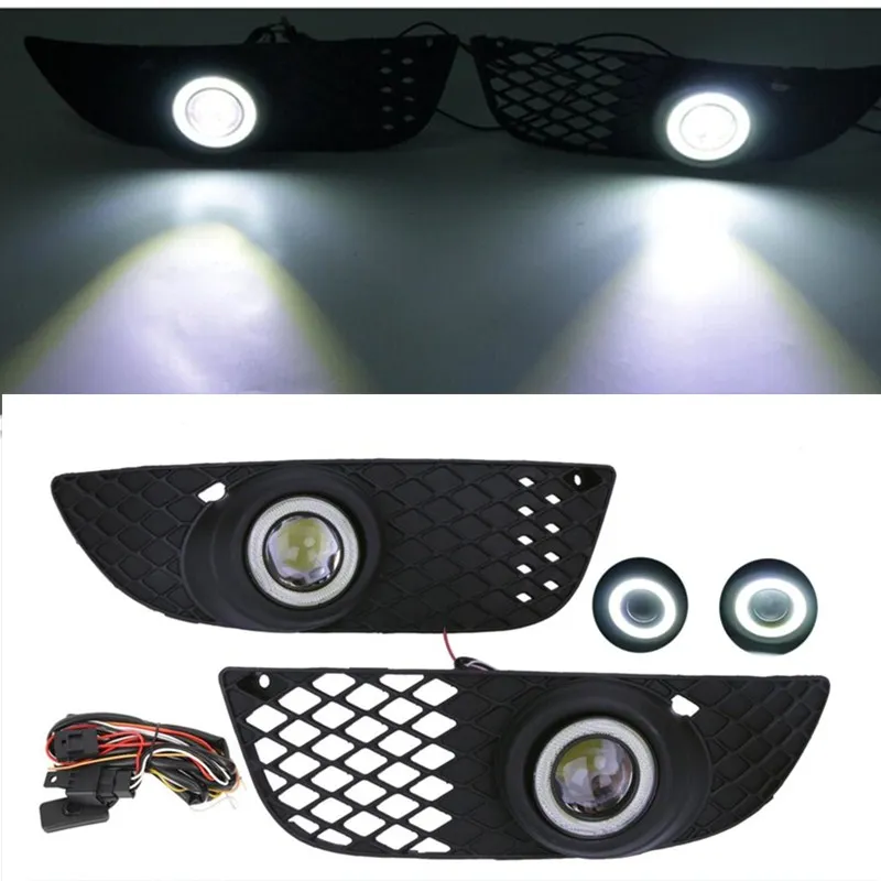 

For Mitsubishi Lancer Fog Lights Grille Lamps Front Lower Side Bumper Angel Eyes LED Convex lens 2008-2015 //