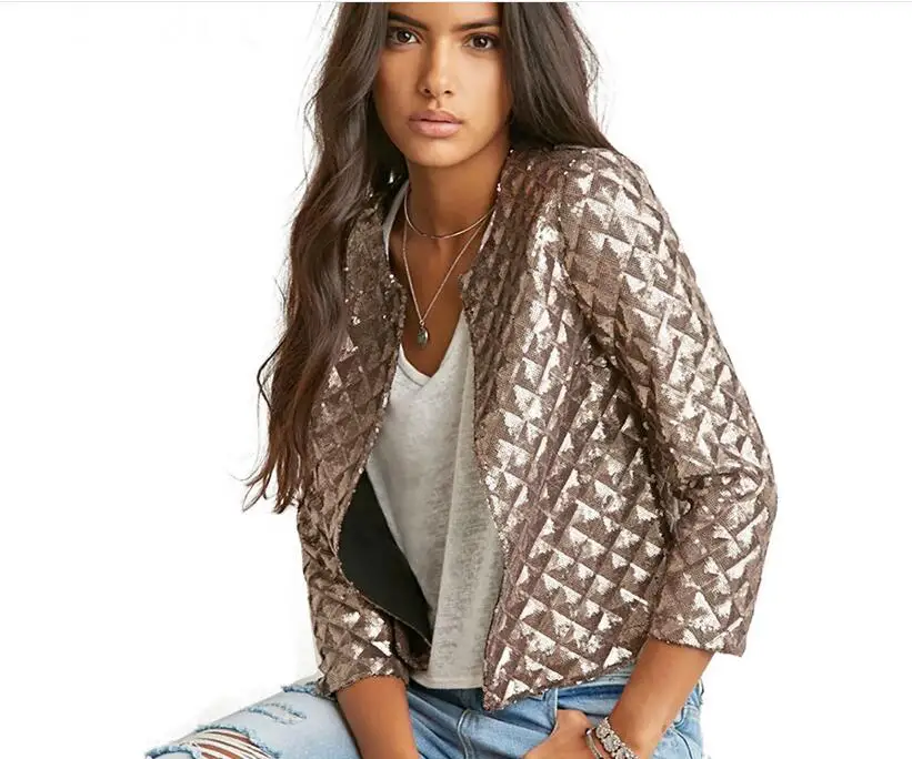 

Women Fashion Spring Summer Short Jacket Women Gold Sequins Jackets Three Quater Sleeve Coats Outwears Plus Size