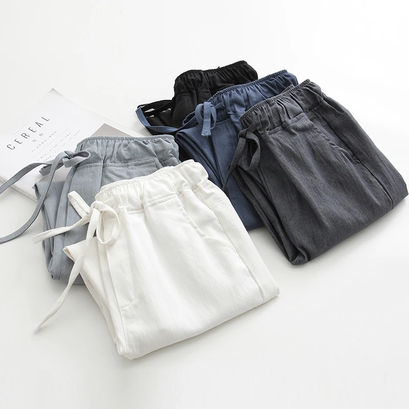 

cotton and linen women pants summer new solid loose harem drawstring female casual home wear ankle length pants top quality