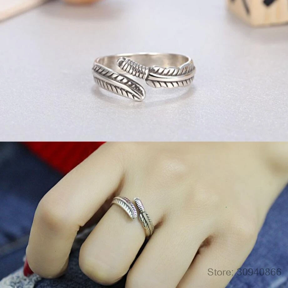 

Retro New Arrival 925 Sterling Silver Feather Ring for Women Jewelry Fashion Open Adjustable Finger Ring anillos Free Shipping