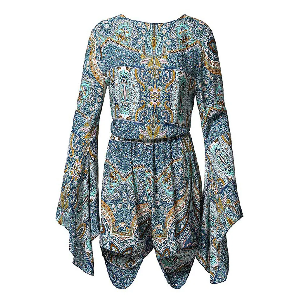 Boho глубокий v-образный вырез винтажный цветочный комбинезон с цветочным принтом женские длинные расклешенные рукава Свободный комбинезон пляжный комплект с шортами Vestidos плюс размер
