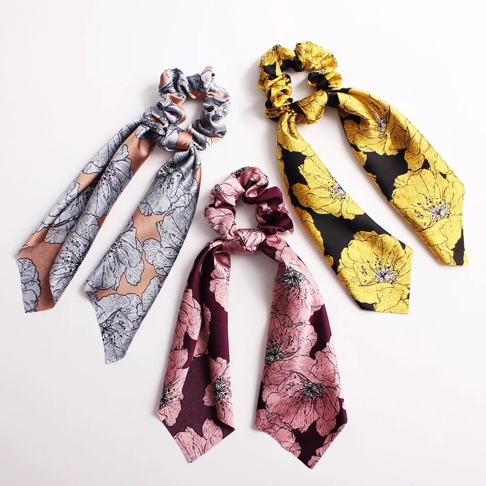 New Fashion Sweet Print Scrunchie Women Ribbon Elastic Hair Band Bow