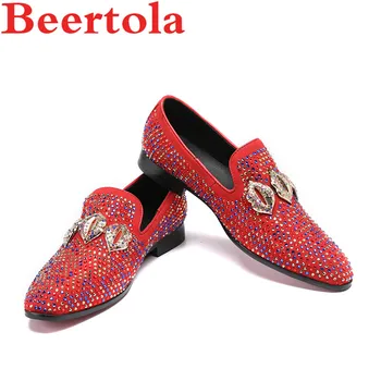 

New Suede Men's Casual Shoes Colorful Crystal Metal Mouth Decor Men Loafers Shoes Round Toe Red Black Leisure Flats Shoes Male