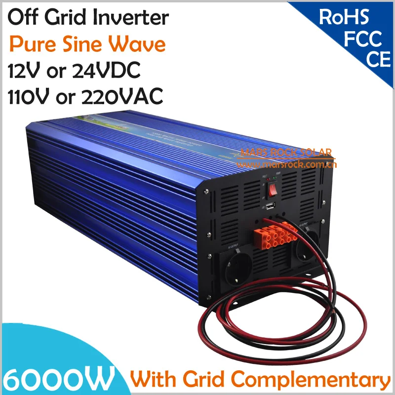

6000 Вт 12В/24В OffGrid Чистая синусоида солнечный или ветряной инвертор, городская электроэнергия дополнительная функция зарядки с ЖК-экраном