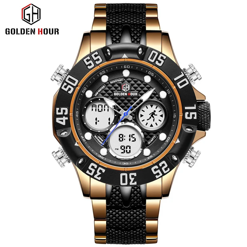 GOLDENHOUR Männer Militär Sport Uhr Männer LED Analog Digital Uhr Armee Edelstahl Quarz geschenk_voghion.com