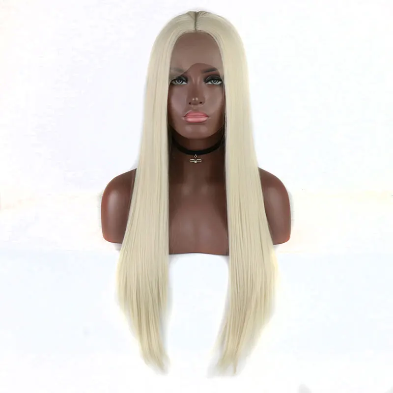 

Bombshell Platinum Blonde Heat Resistant Fiber Long Straight Synthetic Lace Front Wigs Glueless Middle Partng For White Women