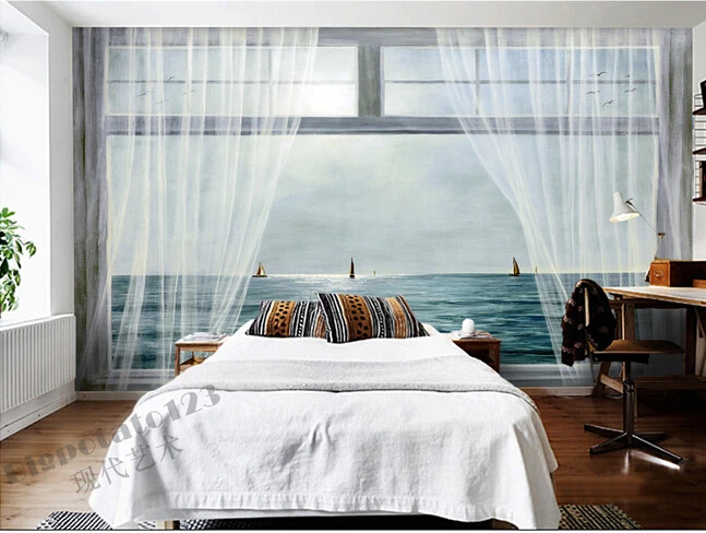 

Custom 3D murals,yarn quality curtain outer sea sailing oil painting , living room sofa TV wall bedroom background wall paper