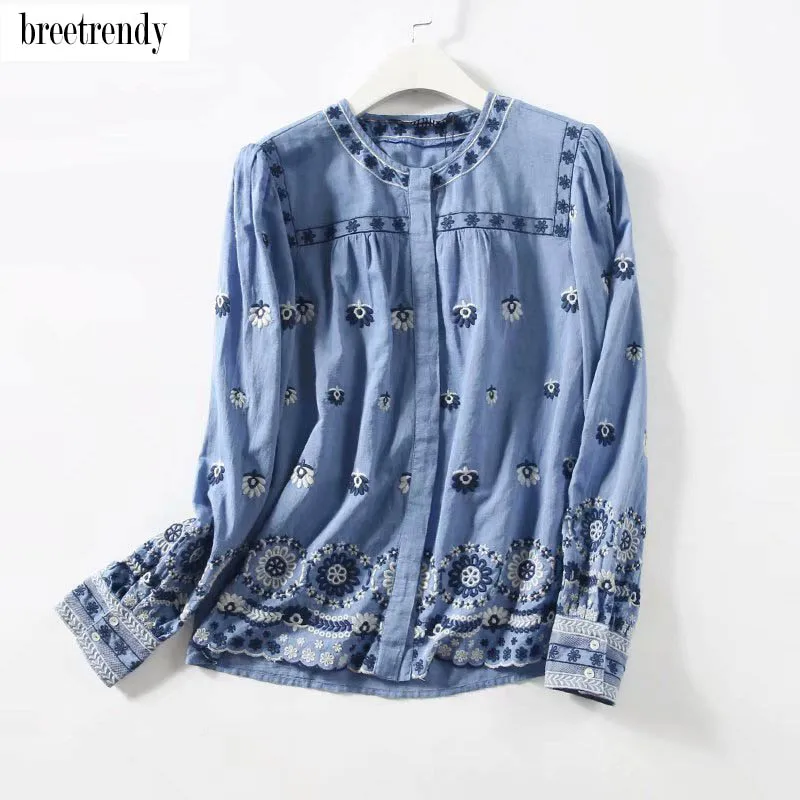 CS157 краткое женщины синий цвет элегантный цветочный вышивка блуза с длинным рукавом Дамы Круглая горловина пуловер свободные рубашки