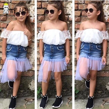 

weLaken Baby Girls Clothing Sets Fashion Solid Tops Bat Short Sleeve +denim Lace Short Skirt Summer Kids Clothes Girls Clohing