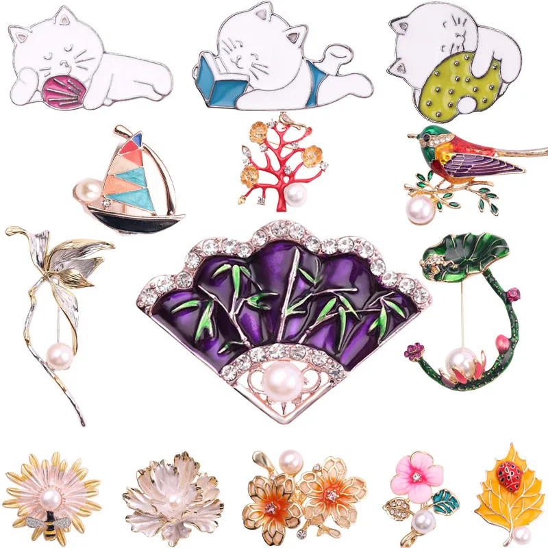 

Fashion Peony Chrysanthemum Lotus Leaf Bird Boat Cat Brooch Cute Girl Boy Hat Coat Badge For Women's Knitting Accessories