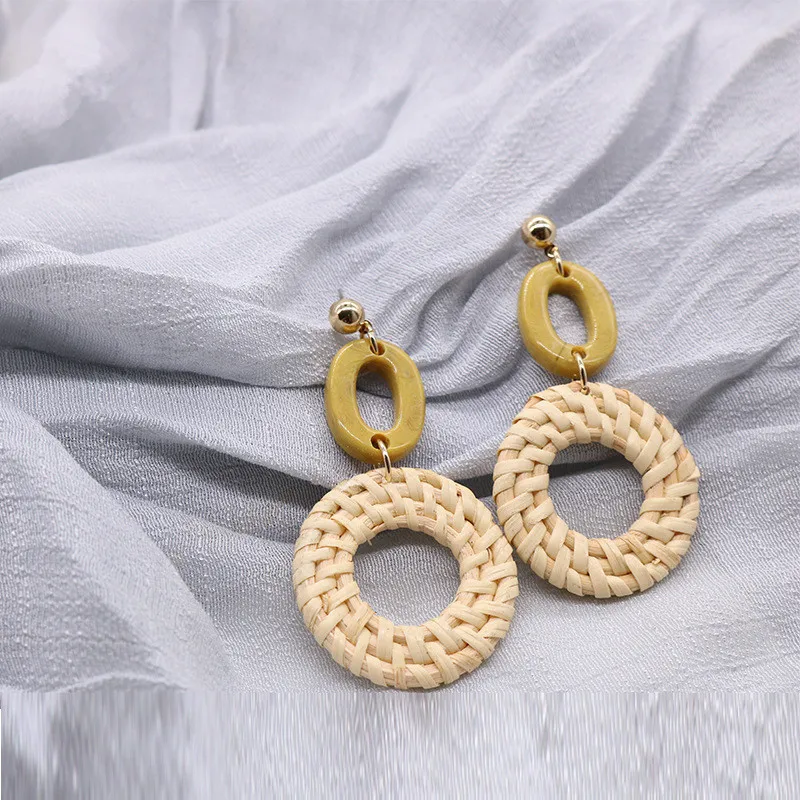 Fashion Earrings Straw Weave Rattan with Acrylic Earrings Big Round Women's Earrings Sector Wedding Trendy Dangle Jewelry ET85 (1)
