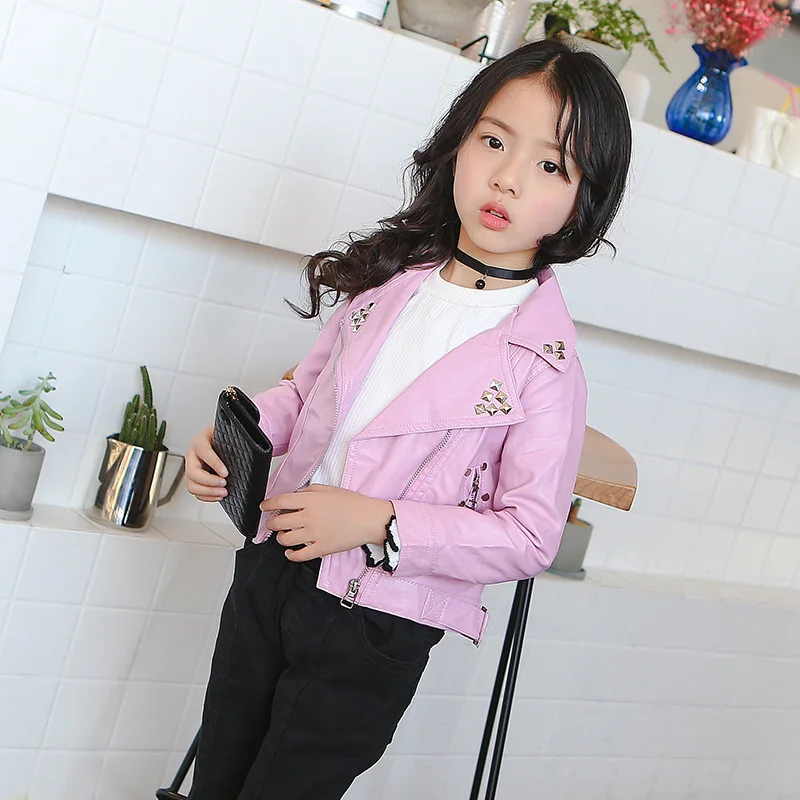Skup Dziewczyny kurtka jesienno jesienna 2 7 lat staromodny kurtka pu płaszcz z klapami nity metalowe skóra motocyklowa pas dla dzieci kurtki dla dzieci