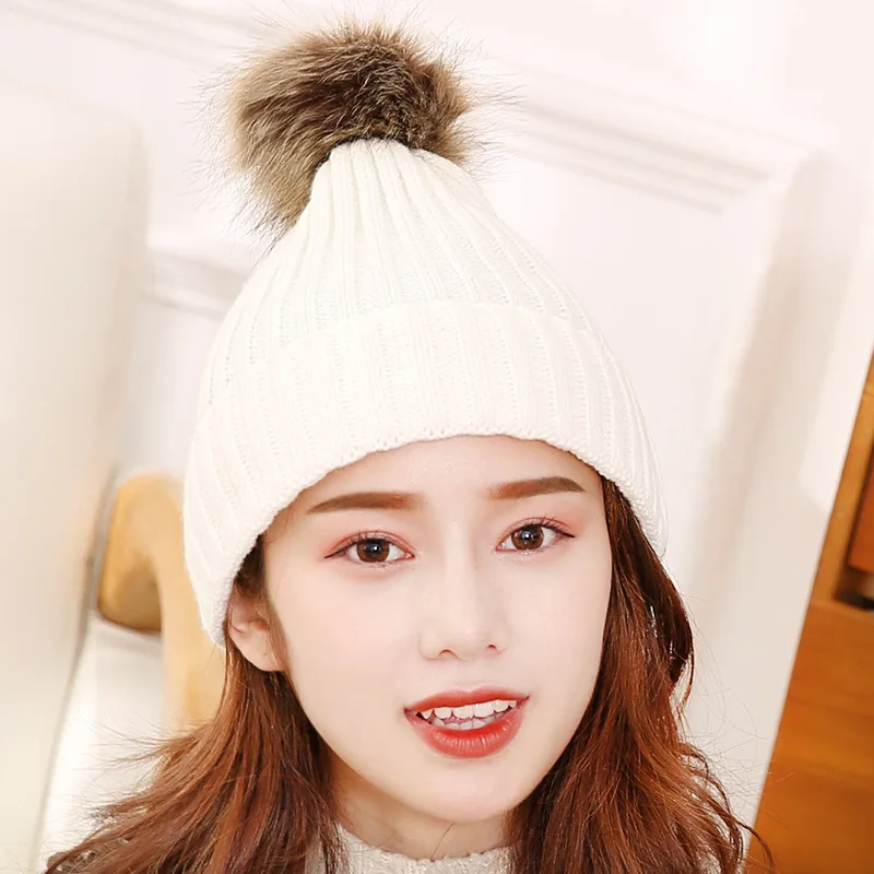 

Women's Beanie Hat Knitted Hats Solid Color High Quality Winter Women Hair Ball Ski Rabbit Fur Hat Warm PomPom Hats For Women