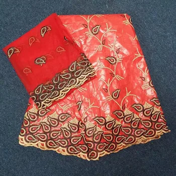 

Beautiful red african bazin riche getzner fabric embroidered beaded brocade fabric with 2 yds french lace head wraps ly70-75