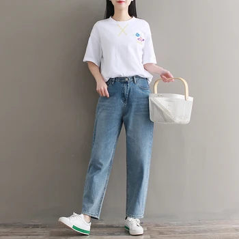 

Autumn Spring Casual Harajuku Vintage Ethnic Retro Cotton Denim Blue Jeans Boyfriend Pants Blue Cotton Pantolon Women Trousers