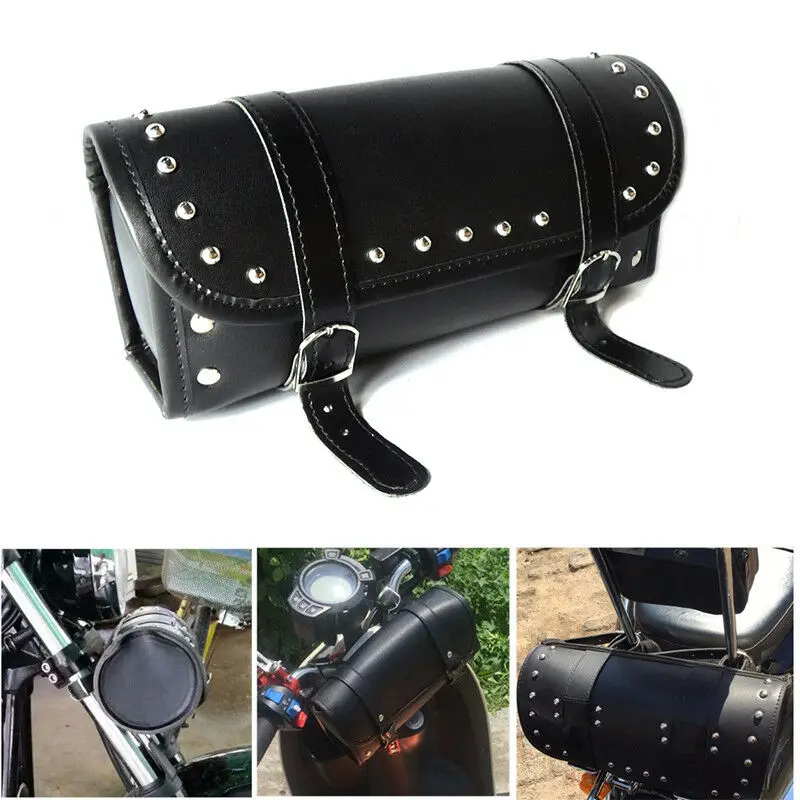 

Black Leather Universal Saddlebag Tool Bag Shadow Sissy bar Handlebar Front Forks for Dyna Sportster For Honda For BMW