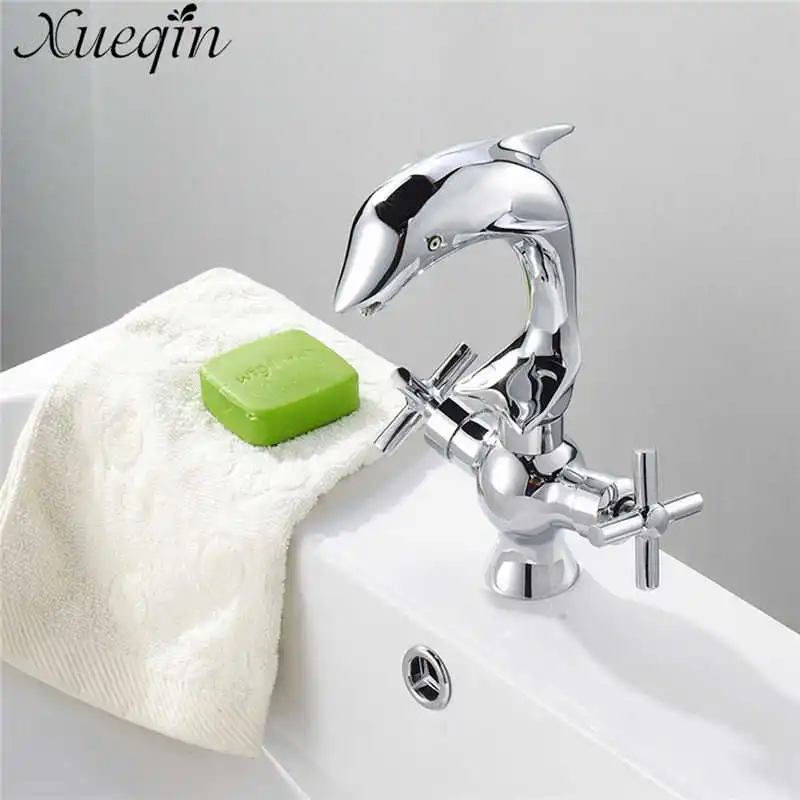 

Xueqin Copper Dolphin Style Double Handle Basin Faucet Bathroom Dual Hole Mixers Hot/Cold Water Chrome Polished Deck Mounted
