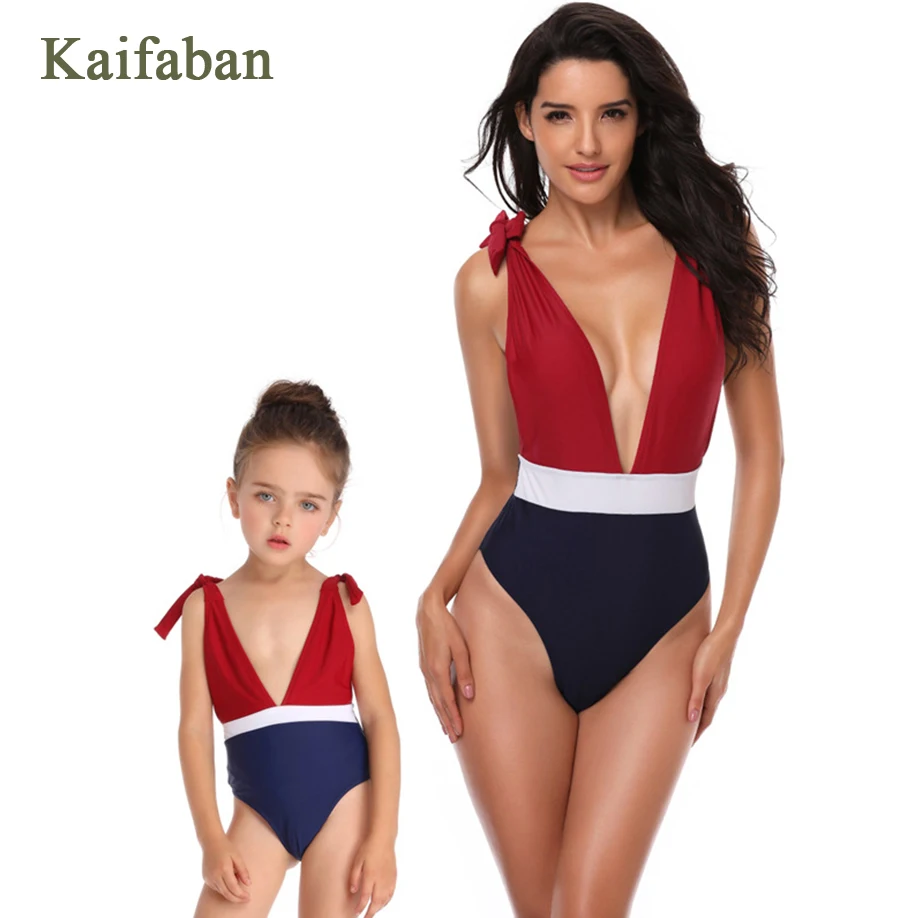 

Girls Women Deep V Hit Color Block Splice One Piece Monokini Bikini Beach Suit Bather Ruffle Flounces Swimsuit Swimwear Tankini