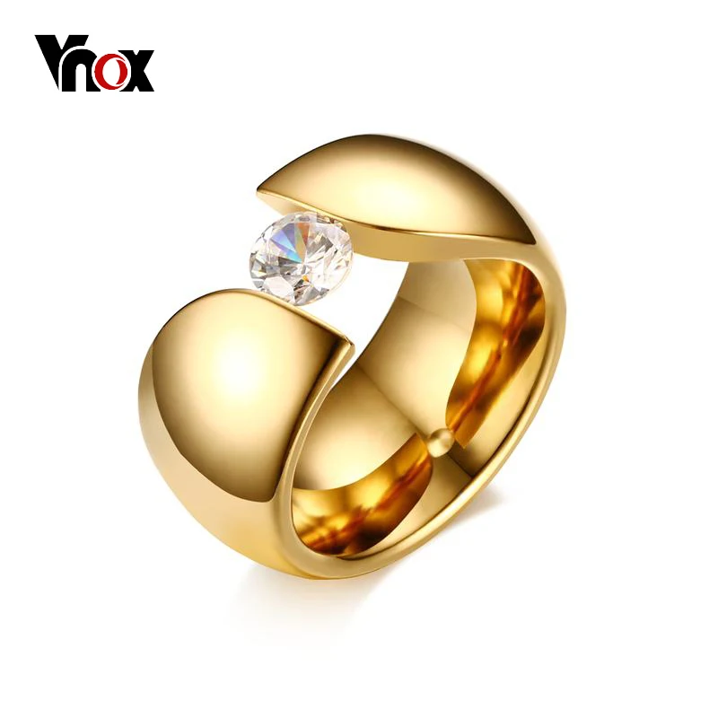 

Vnox Luxury Solitaire AAA CZ Ring for Women Gold color Stainless Steel Engagement Anniversary Wide Chunky Female Wedding Jewelry