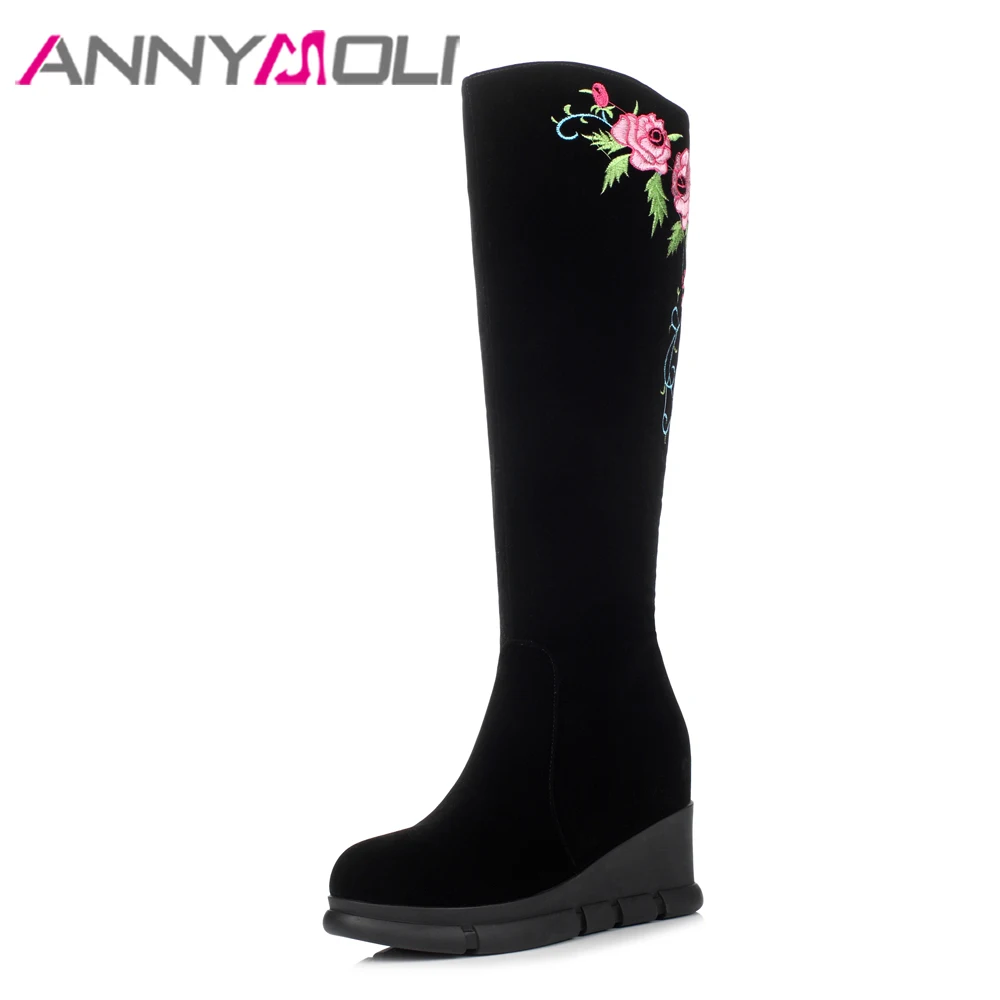 

ANNYMOLI Knee High Boots Winter Women Boots Embroider Platform Wedge Heel Tall Boots Zip Extreme High Heel Shoes Lady Black 4 39
