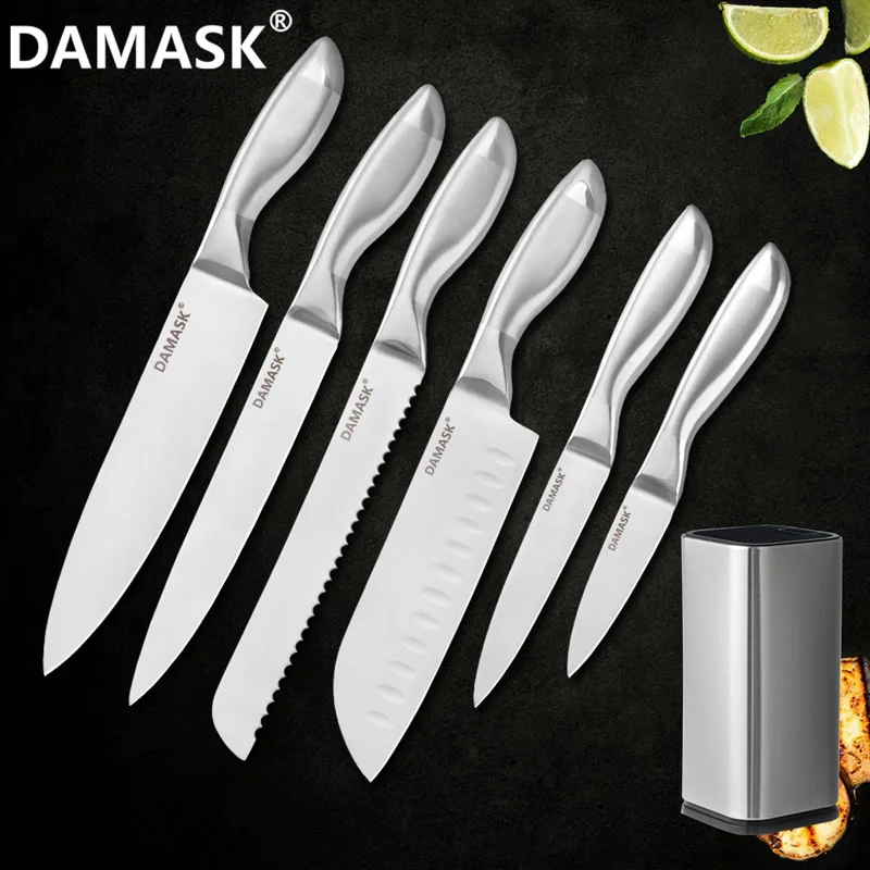 7 PCS Дамасский набор кухонных ножей, кухонный нож японского шеф-повара из нержавеющей стали с подставкой для ножей, эргономичный дизайн ручки, нож для мяса - Цвет: 7 PCS