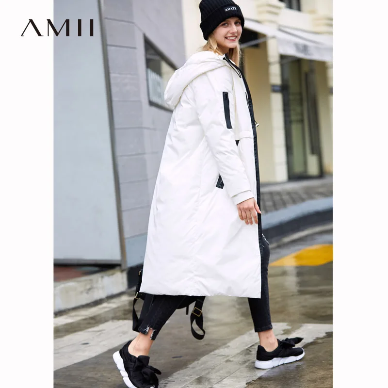 

Amii Minimalism Patchwork Down Jacket Women Winter 2018 Causal Solid 90% White Duck Down Zipper Long Parkas Coat Hooded Jackets