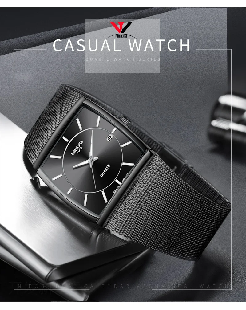 NIBOSI Whole Gold Men's Quartz Wrist Watch Luxury Mesh Stainless Strap Dress Business Man Clock Square Watch Reloj Hombre 2018   (4)