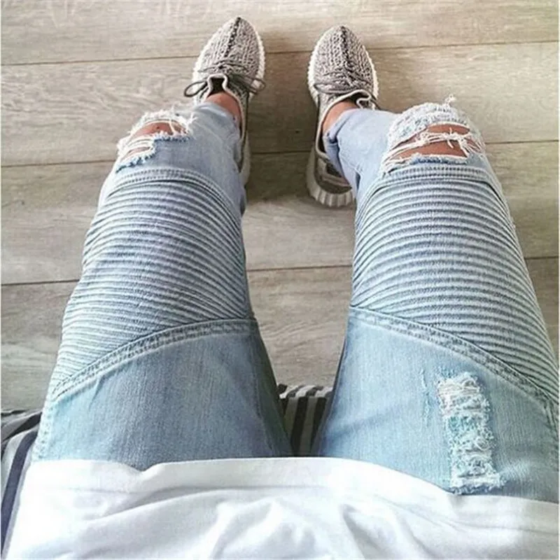 

2016 hip-hop Men Jeans masculinaCasual Denim distressed Men's Slim Jeans pants Brand Biker jeans skinny rock ripped jeans homme