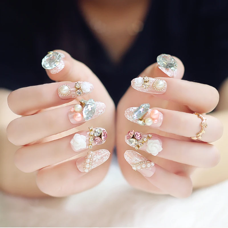 

2019 24pcs/set 3D False Nails Tips Bridal Nail Women Wedding White pearl ZZ05