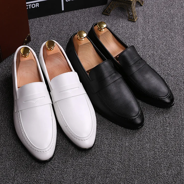men black white business wedding dress breathable genuine leather shoes slip-on oxfords shoe point toe gentleman loafers sapatos
