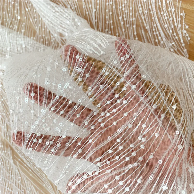Стиль 130 см высокое качество изысканный полосы блестки от белого Свадебное платье тюль кружева ткань