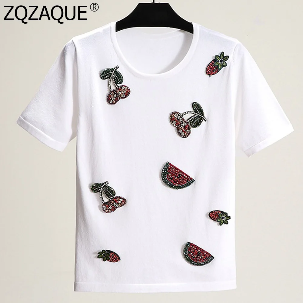 

Luxury Beading Diamonds T-shirts For Women Fashion Designer Cherry Strawberry Pattern Ice Silk Summer Knit Tops Nice Tees SY2018