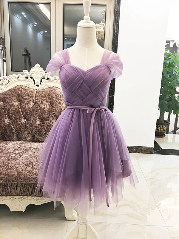 

Purple Cheap Short Bridesmaid Dress Short Sleeves Dress for Wedding Party Empire Ball Gown Sweetheart Formal Plus Size Elastic