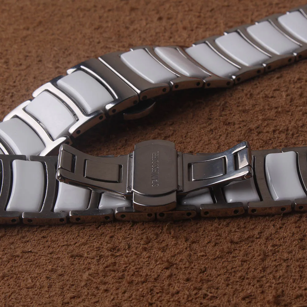 Ремешки для наручных часов, новинка, горячая Распродажа, керамический и стальной ремешок для часов 20 мм, 22 мм, белый/серебристый браслет, застежка-бабочка, для умных часов