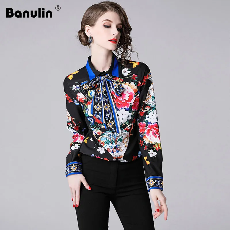 

Banulin 2018 Spring Autumn Women Runway Long Sleeve OL Blouse Designer Printed Floral Bow Casual Lapel Collar Shirt Blusas black