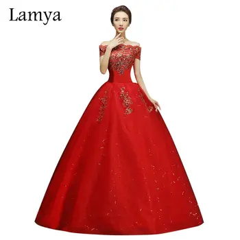 

LAMYA Sexy Red Boat Neck Sequibed Flowers Wedding Dress 2018 Customized Bridal Gowns Dresses Fashion Lace robe de mariage