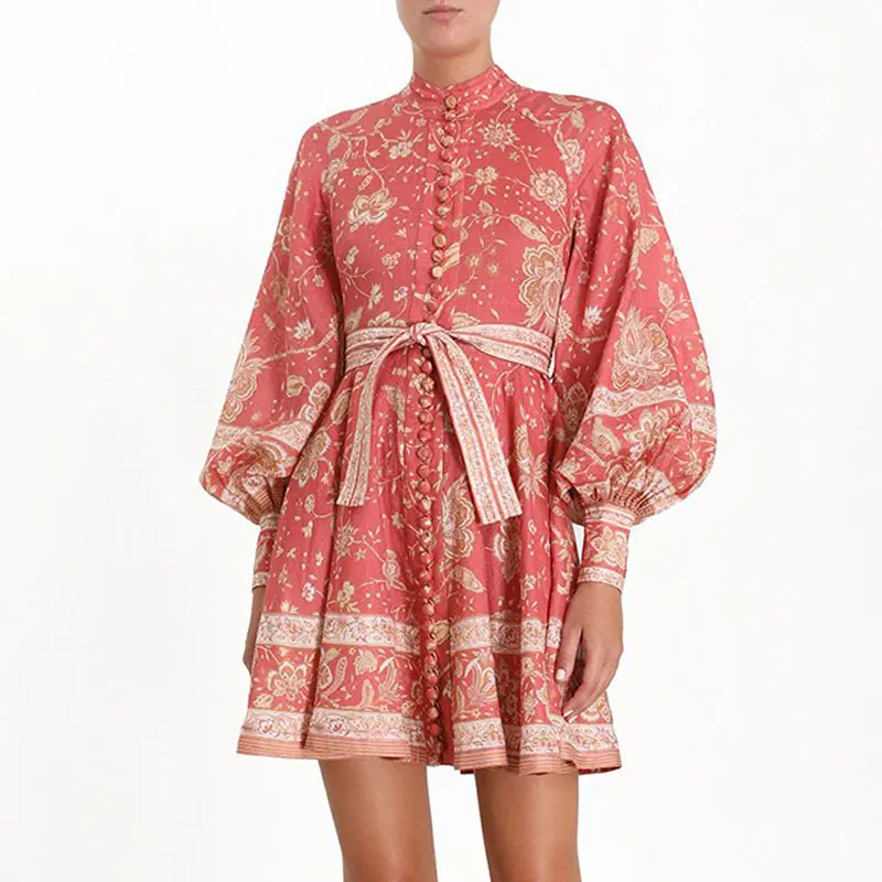 Богемный Вдохновленный красный Пейсли печатных поясом женское платье пуговицы