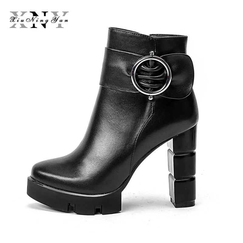 

XIUNINGYAN Fashion Shoes Woman Platform Boots Autumn Ankle Boots for Women Top Quality High Heels 10cm Genuine Leather Shoes