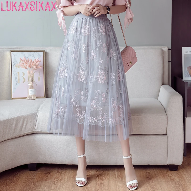 

New Arrival 2019 Spring Summer Women Skirt High Quality Flowers Embroidery Pleated Midi Skirt Korean Style Sweet Mesh Skirt