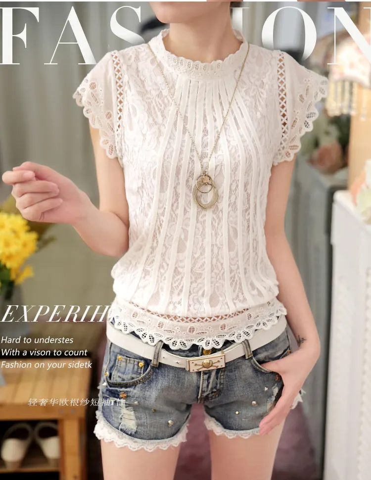 New 2016 Summer Fashion elegant solid Women Blouses Petal Sleeve Lace Chiffon O-neck Plus Size Shirt Tops 01C 35 20