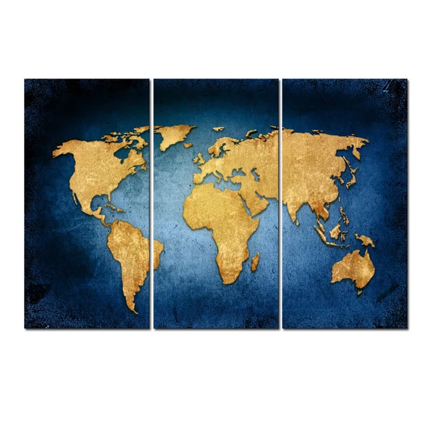 Abstract Navy Blue Gold World Map Canvas Wall Art Painting Framed 3 Abstract Navy Blue Gold World Map Canvas Wall Art Painting Framed 3 Pieces For Living Room
