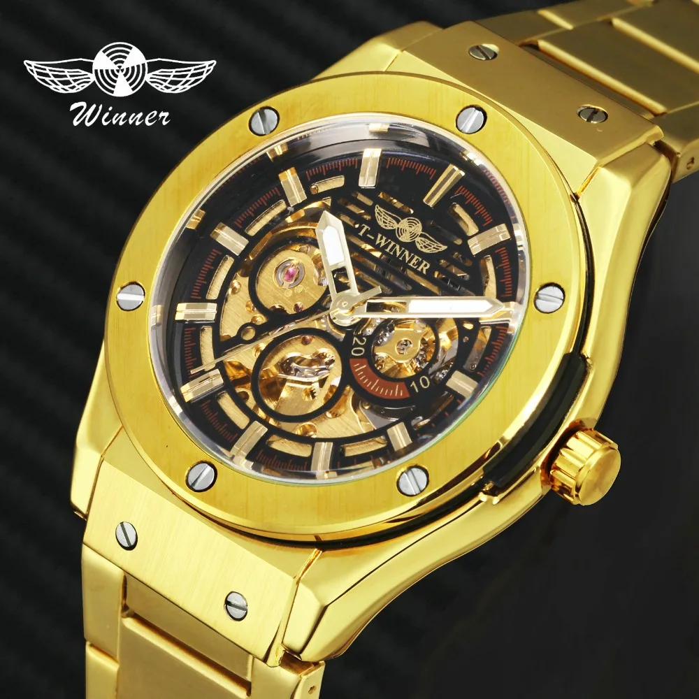 

WINNER Top Brand Luxury Watch Men Auto Mechanical Watches Golden Skeleton Dial 3D Bolt Design Stainless Steel Strap Montre Homme