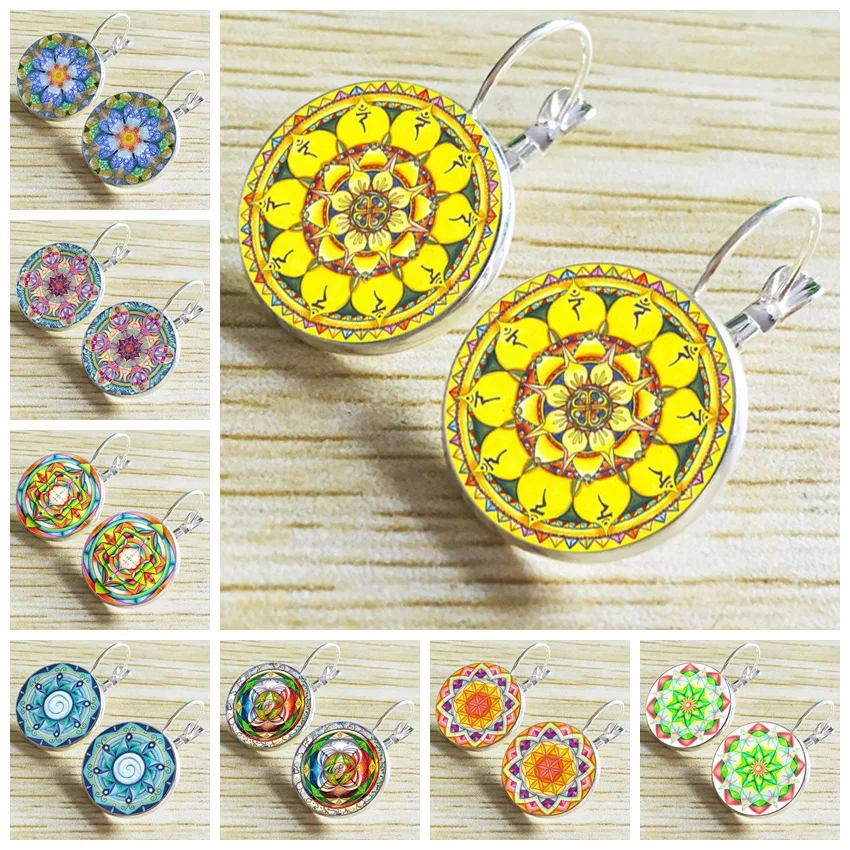 

Classic Mandala Flower Earrings Om Symbol Buddhism Zen Charm Yoga Earring Henna Earrings Jewelry For Women