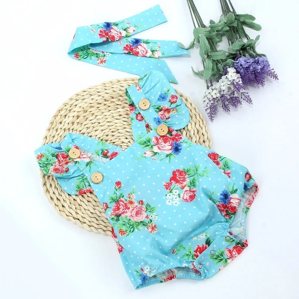 Newborn Baby Girls Clothes Tops Flower Jumpsuit Bodysuit Short Sleeve Flower Headband 2pcs Outfits Baby Girl 0-18M